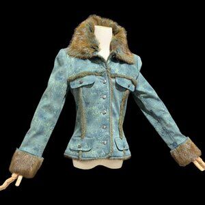 vintage jacket by JIKI MONTE CARLO, riviera blue graffiti print dyed mink collar